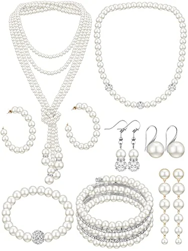 Lot de 8 parures collier et boucles d'oreilles perles, blanc, photo du produit