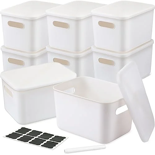 Lot de 8 bacs de rangement en plastique blanc avec couvercle, blanc, photo du produit