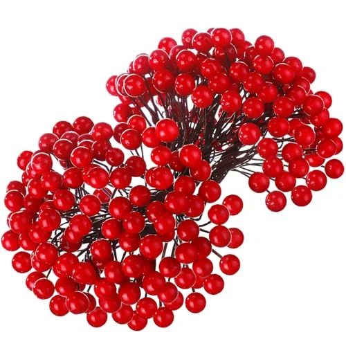 200 baies de houx artificielles sur 100 tiges filaires, rouge, photo du produit