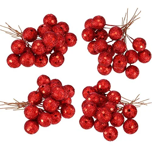 Baies de houx artificielles, rouge pailleté, photo du produit