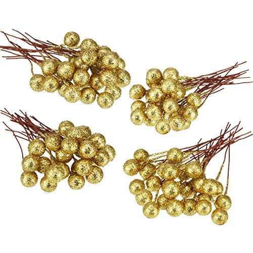Baies de houx artificielles, doré pailleté, photo du produit