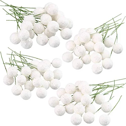 Baies de houx artificielles, blanc pailleté, photo du produit