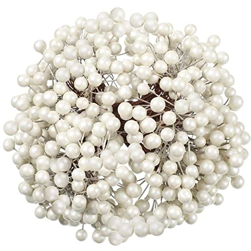 Baies de houx artificielles sur tiges filaires, blanc, photo du produit