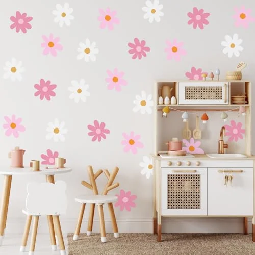 6 planches de stickers muraux marguerites en vinyle, rose, blanc, photo du produit
