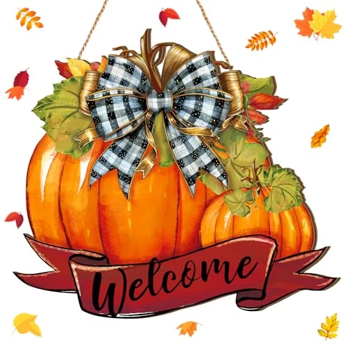 Panneau de porte citrouille Hello Fall en bois, orange, photo du produit