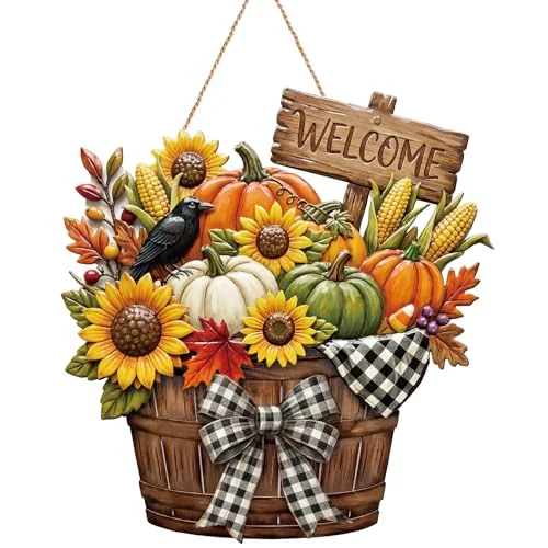 Panneau de porte citrouille Hello Fall en bois, multicolore, photo du produit