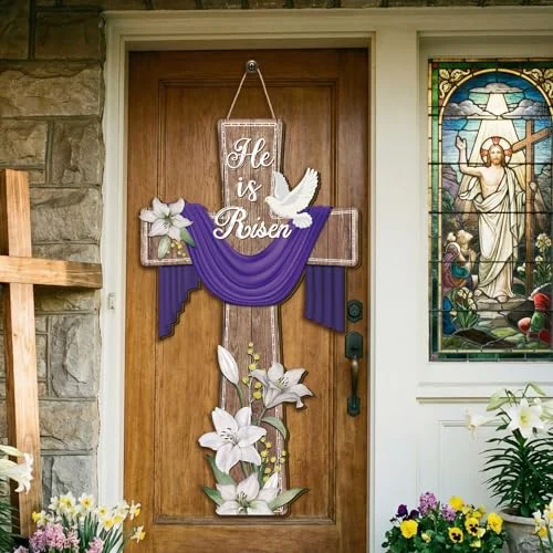 Panneau de porte de Pâques « He Is Risen », multicolore, photo du produit