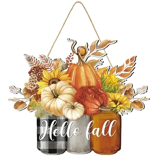 Panneau de porte Hello Fall en bois, style élégant, photo du produit