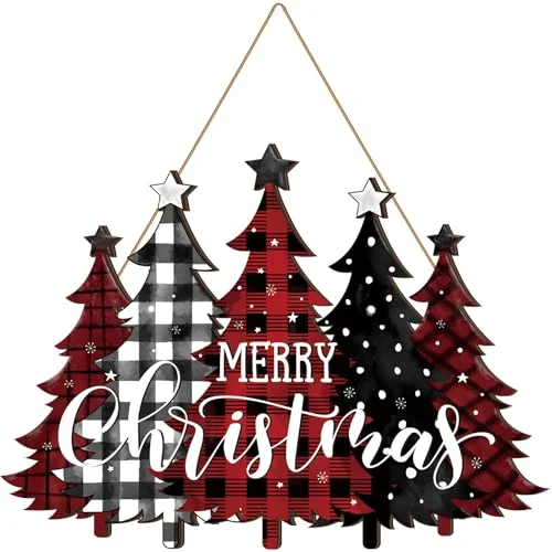 Panneau de porte Merry Christmas en bois, rouge et vert, photo du produit