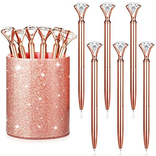 Pot à crayons avec 6 stylos strass, or rose, photo du produit