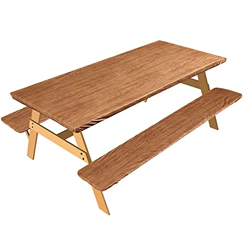 Ensemble housse vinyle pour table de pique-nique et bancs 183 x 76 cm, motif veiné bois, photo du produit